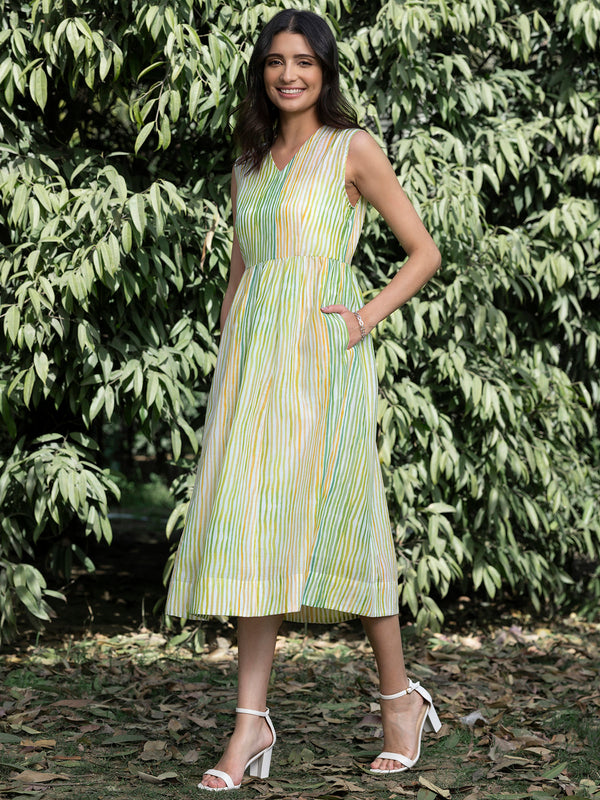 Buy White And Light Green Chanderi V Neck Dress With Slip Online | Pink Fort