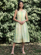 Buy White And Light Green Chanderi V Neck Dress With Slip Online | Pink Fort