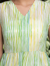 Buy White And Light Green Chanderi V Neck Dress With Slip Online | Pink Fort