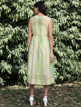 Buy White And Light Green Chanderi V Neck Dress With Slip Online | Pink Fort