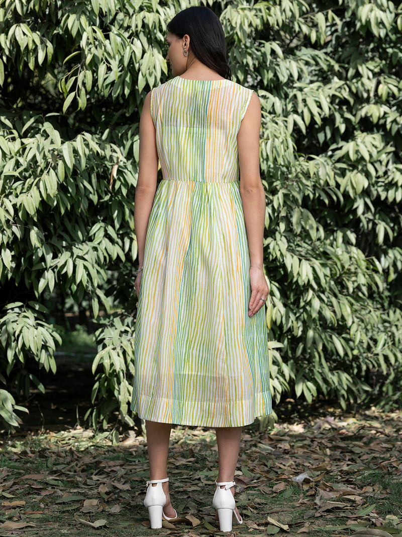 Buy White And Light Green Chanderi V Neck Dress With Slip Online | Pink Fort