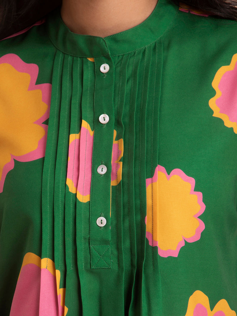 Buy Green Floral Mandarin Collar Dress Online | Pink Fort