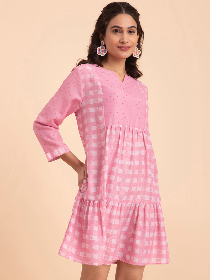 Buy Pink Floral and Check Muslin Tiered Dress Online | Pink Fort