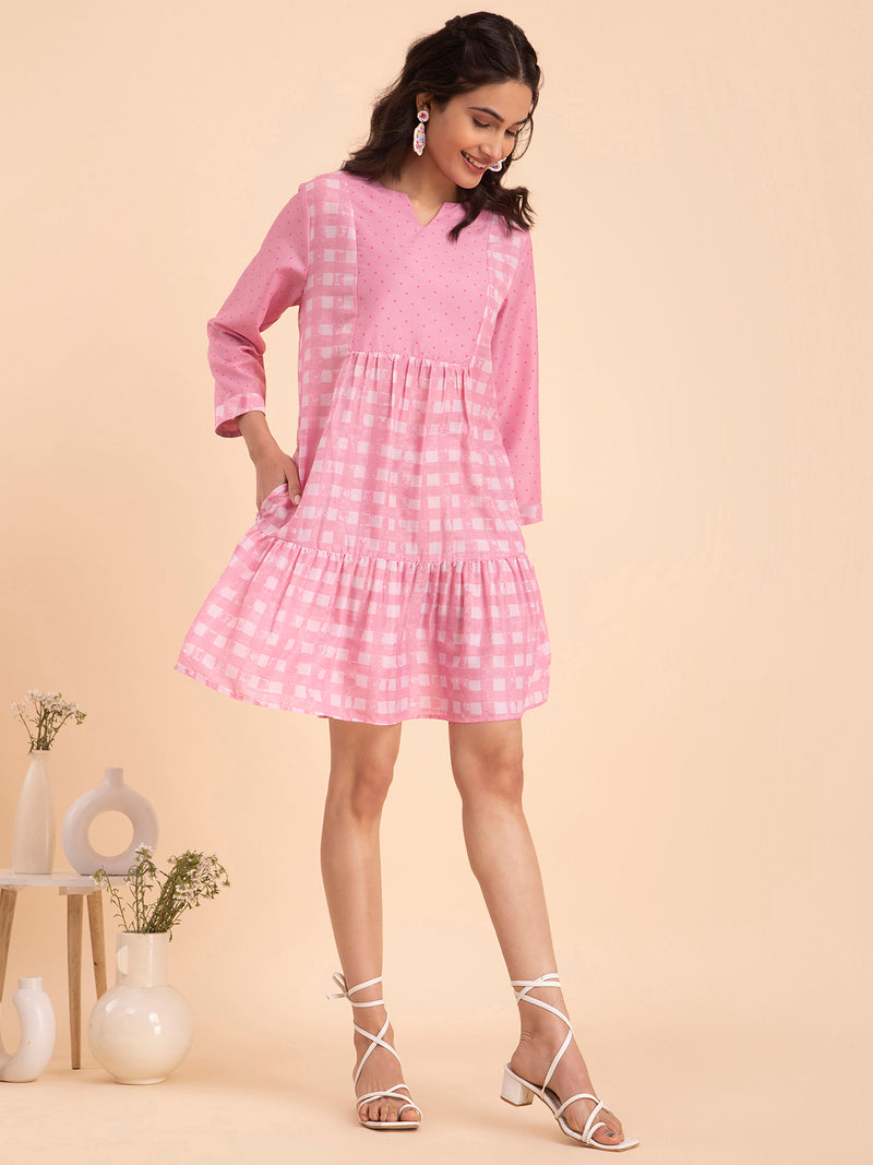 Buy Pink Floral and Check Muslin Tiered Dress Online | Pink Fort