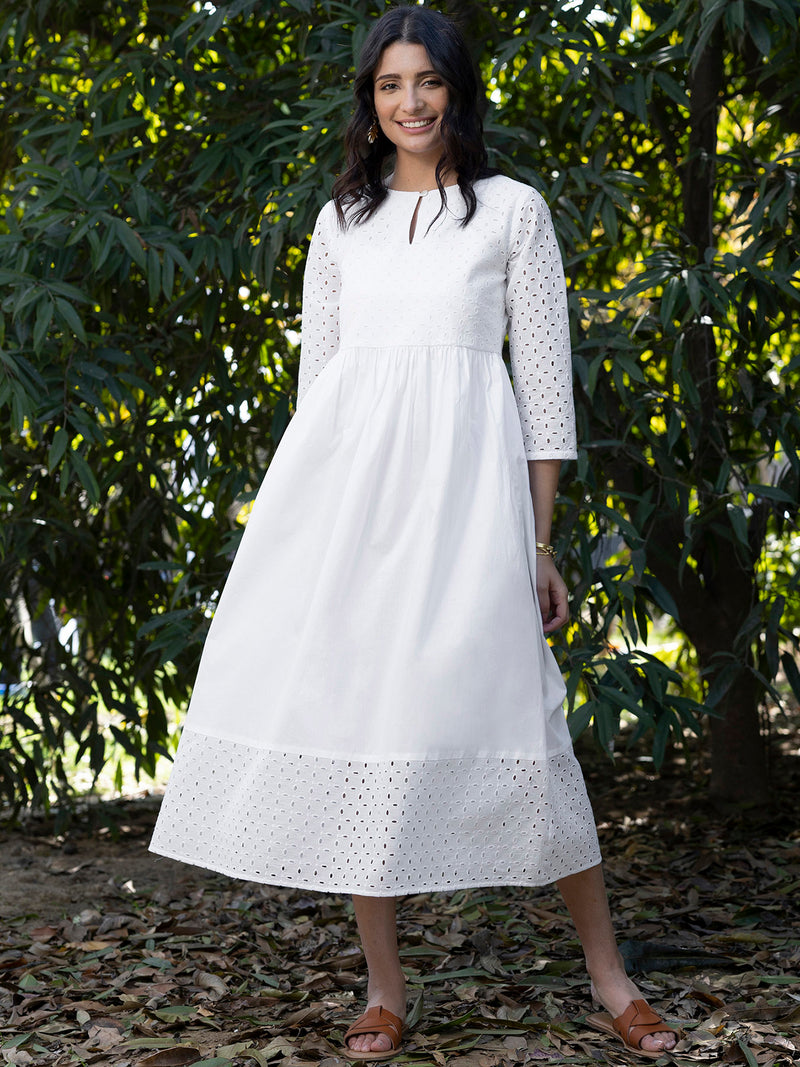 Buy White Cotton Schiffli A line Dress Online | Pink Fort