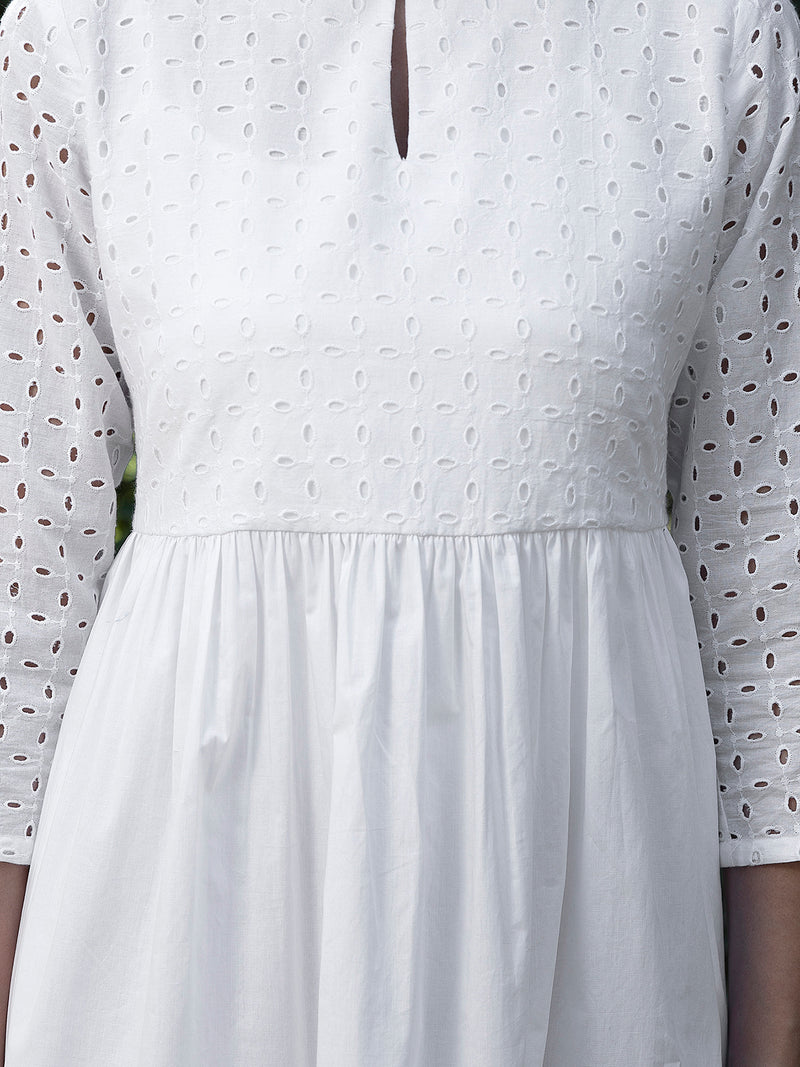 Buy White Cotton Schiffli A line Dress Online | Pink Fort