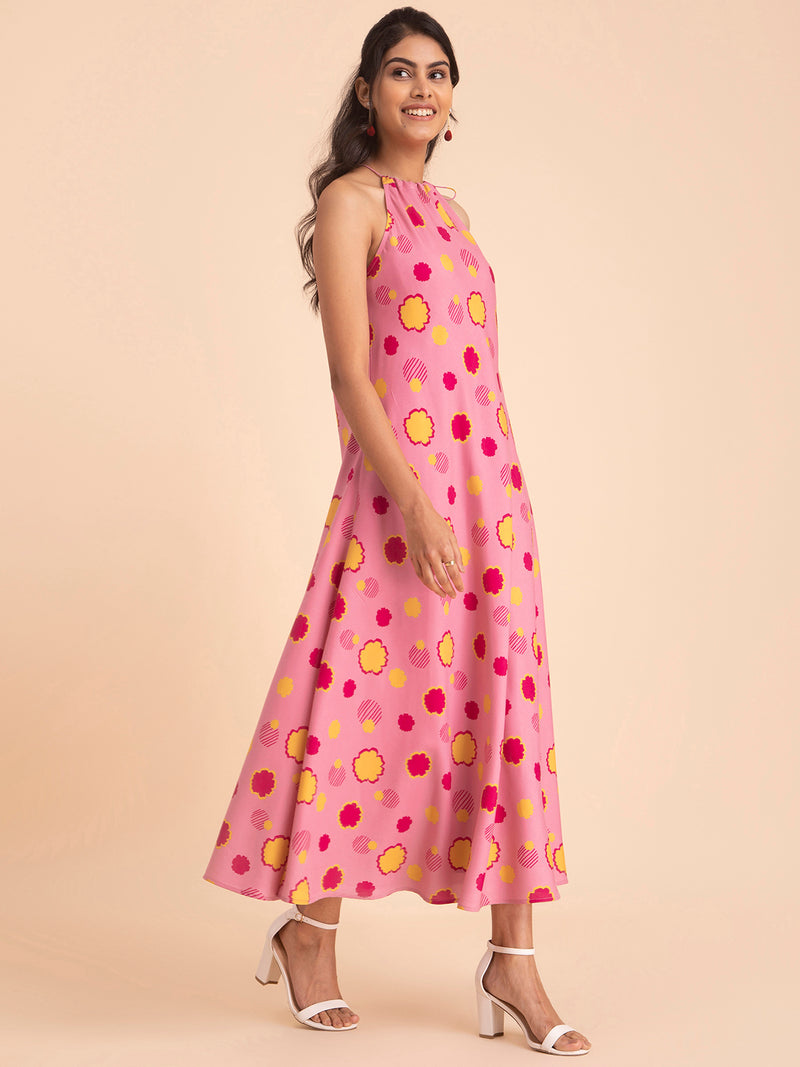 Buy Pink Floral Halterneck Dress Online | Pink Fort