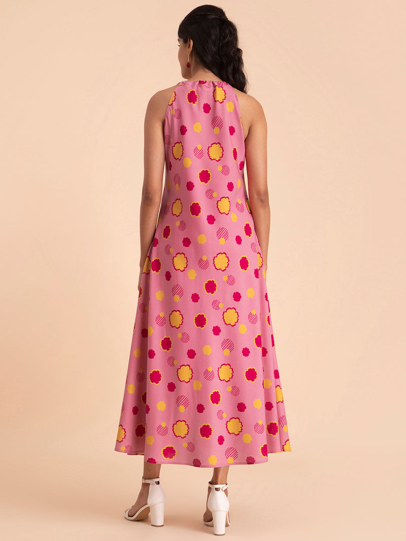 Buy Pink Floral Halterneck Dress Online | Pink Fort