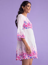 Buy White And Pink Chanderi Floral Round Neck Dress With Slip Online | Pink Fort
