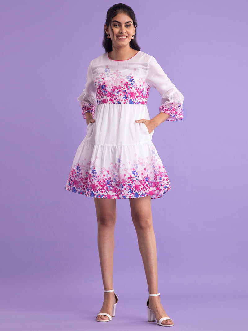 Buy White And Pink Chanderi Floral Round Neck Dress With Slip Online | Pink Fort
