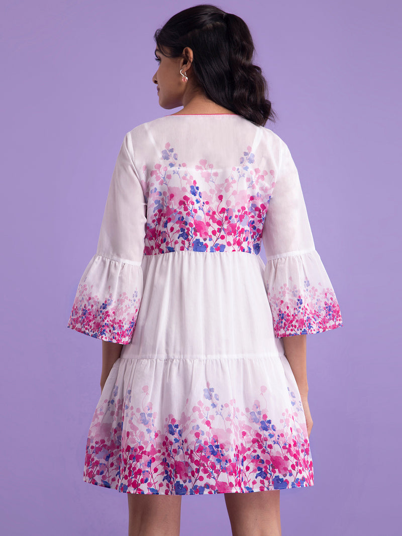 Buy White And Pink Chanderi Floral Round Neck Dress With Slip Online | Pink Fort