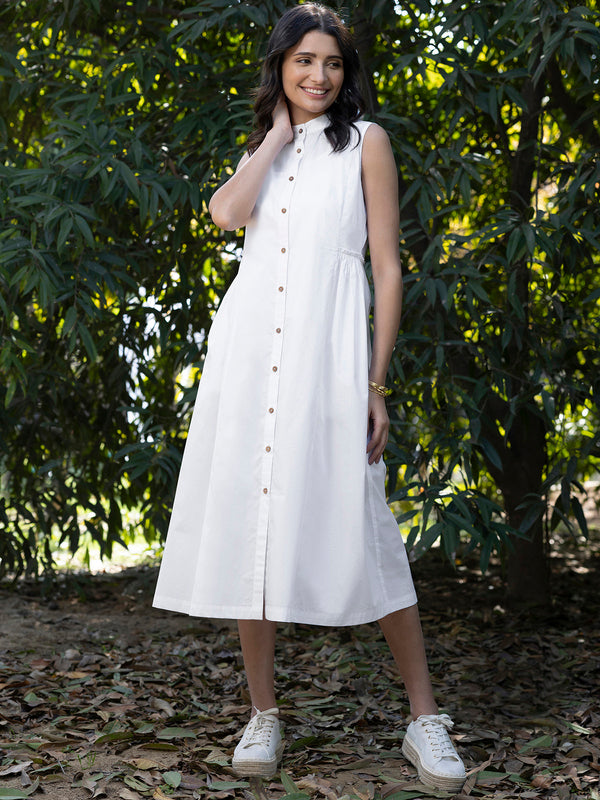 Buy White Cotton Poplin Mandarin Neck Dress Online | Pink Fort