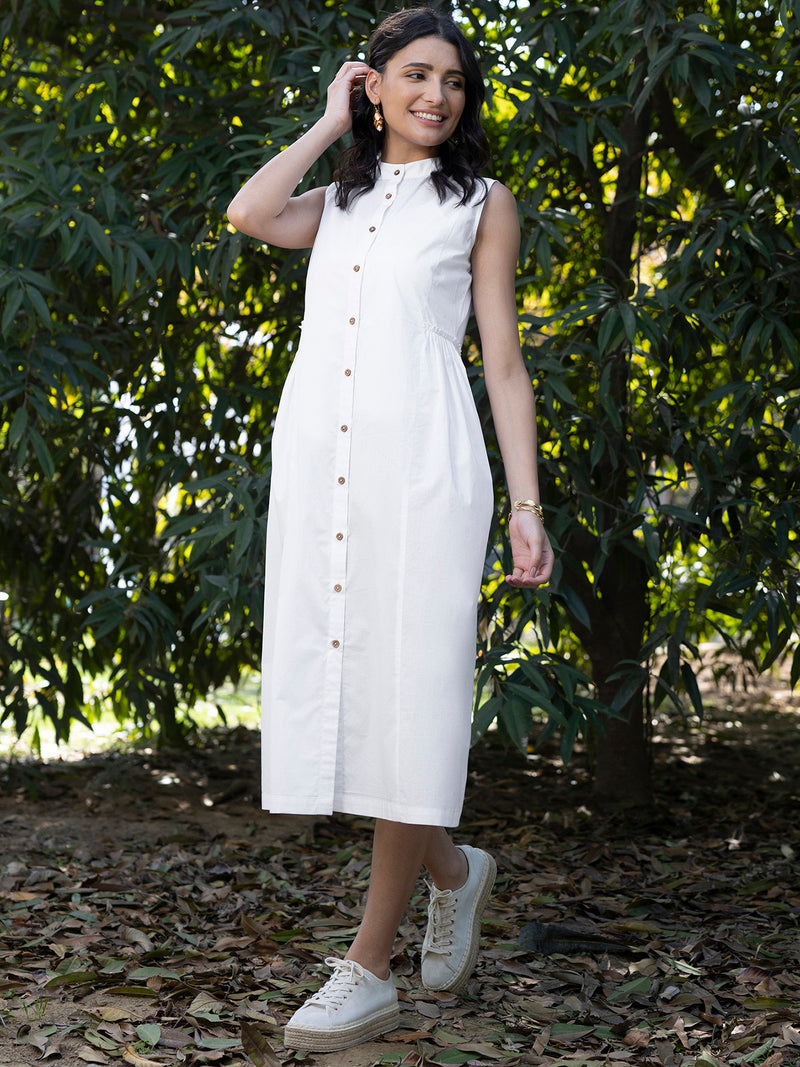 Buy White Cotton Poplin Mandarin Neck Dress Online | Pink Fort