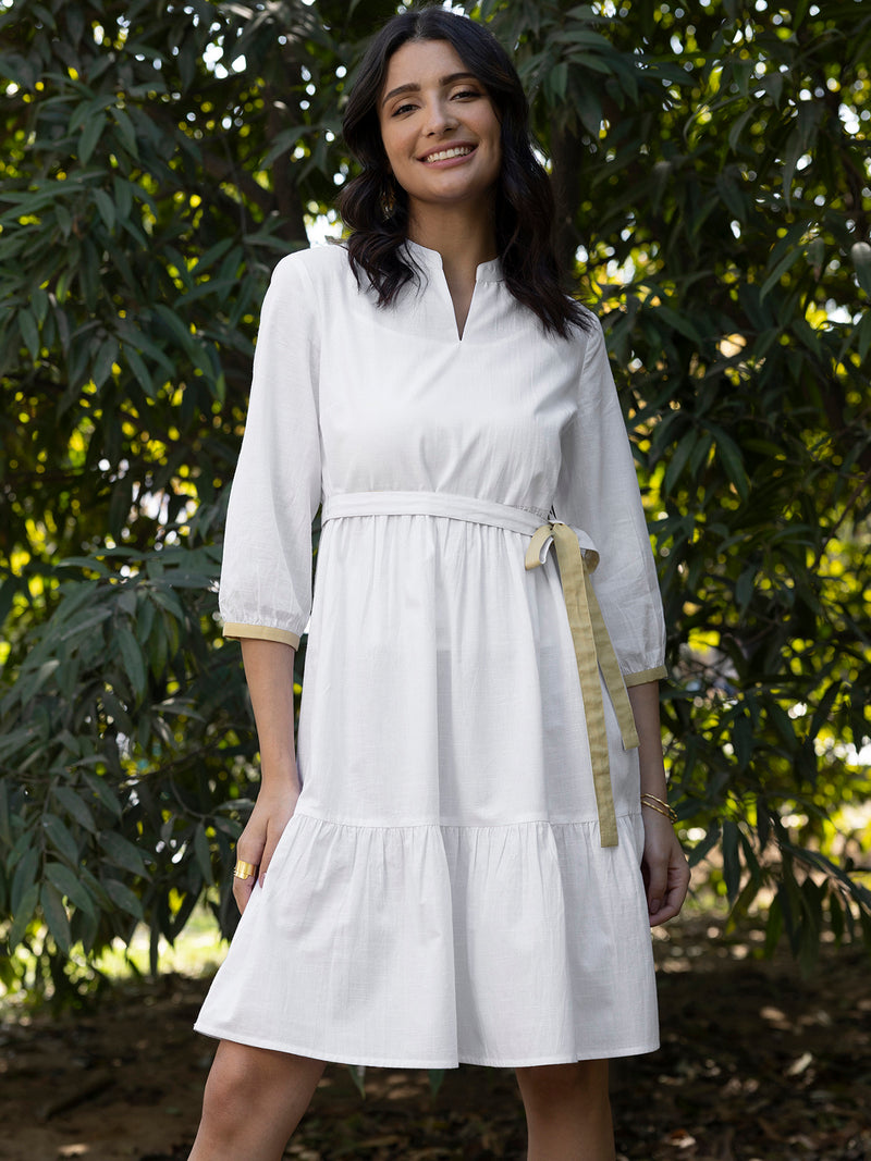 Buy White Cotton Tiered Dress Online | Pink Fort