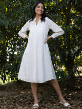Buy White Cotton Jacquard Gathered Dress With Slip Online | Pink Fort