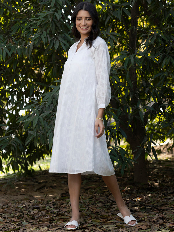 Buy White Cotton Jacquard Gathered Dress With Slip Online | Pink Fort