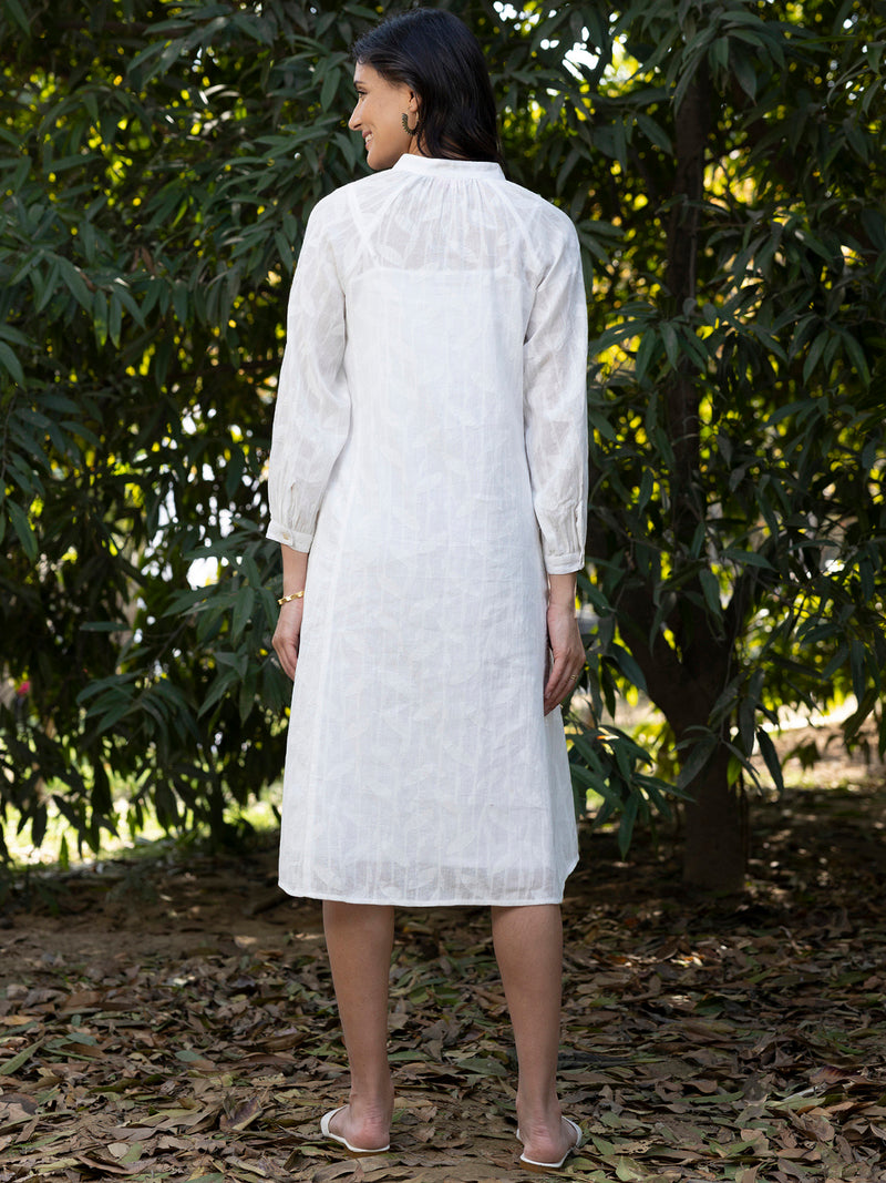 Buy White Cotton Jacquard Gathered Dress With Slip Online | Pink Fort