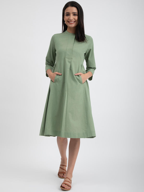 Buy Green Linen Blend Mandarin Collar Dress Online | Pink Fort