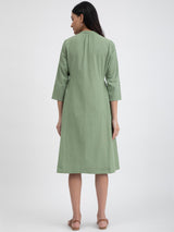 Buy Green Linen Blend Mandarin Collar Dress Online | Pink Fort
