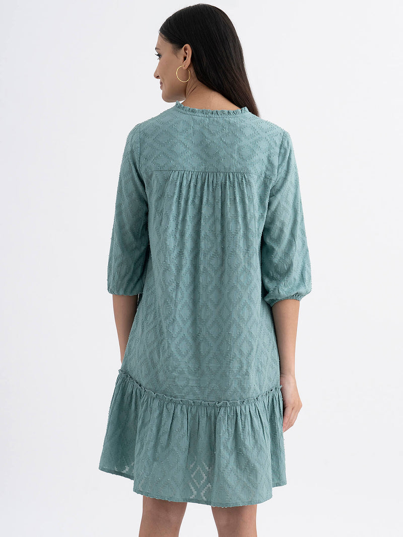 Cotton Jacquard Relaxed Tiered Dress - Green