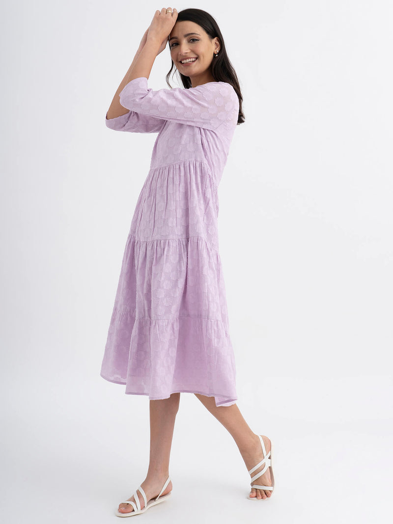 Cotton Jacquard Tiered Dress With Slip - Lilac