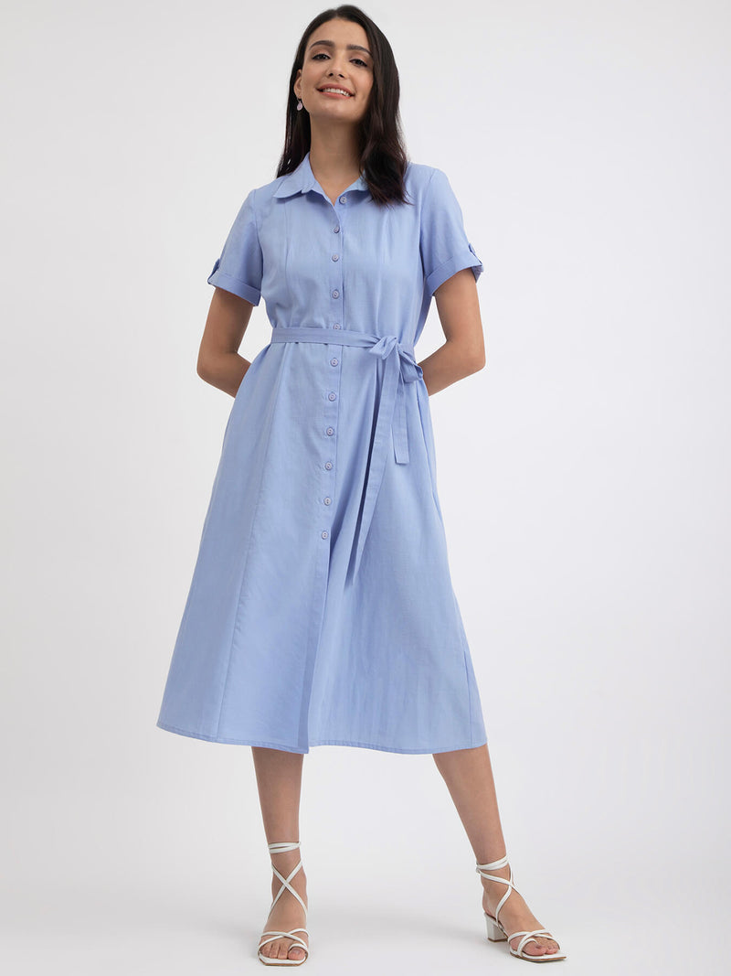 Buy Light Blue Linen Blend A line Shirt Dress Online | Pink Fort