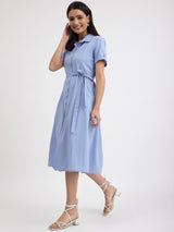 Buy Light Blue Linen Blend A line Shirt Dress Online | Pink Fort