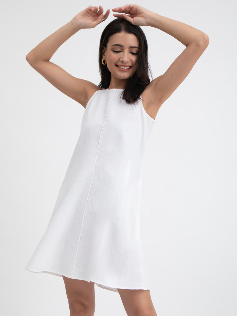 Buy White Linen Blend Sleeveless Dress Online | Pink Fort