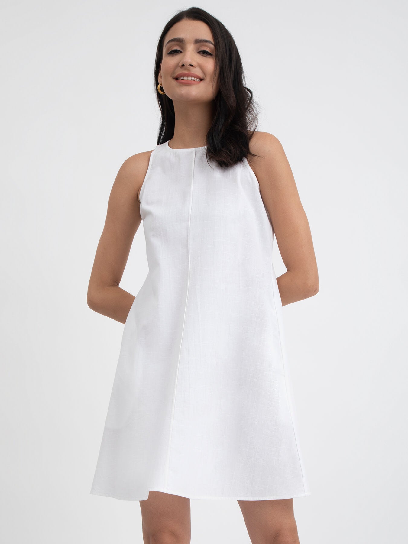 Buy White Linen Blend Sleeveless Dress Online | Pink Fort