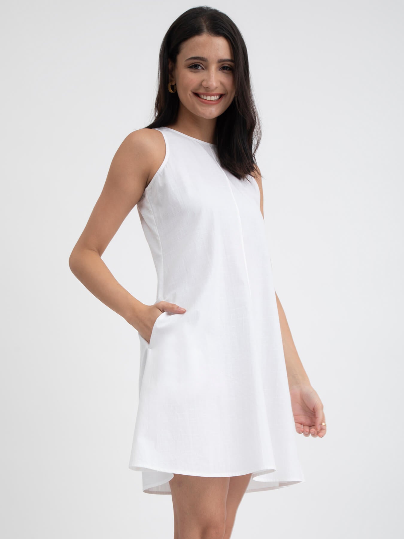 Buy White Linen Blend Sleeveless Dress Online | Pink Fort