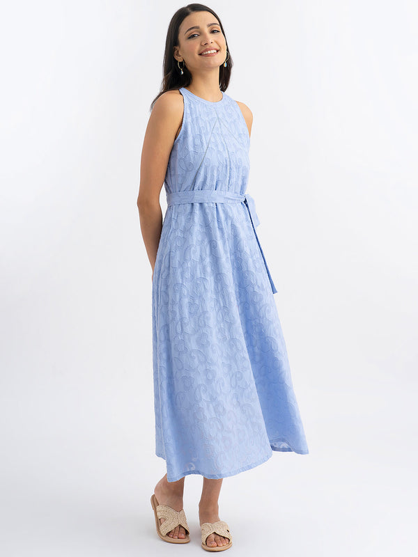 Cotton Jacquard Halterneck Dress - Blue