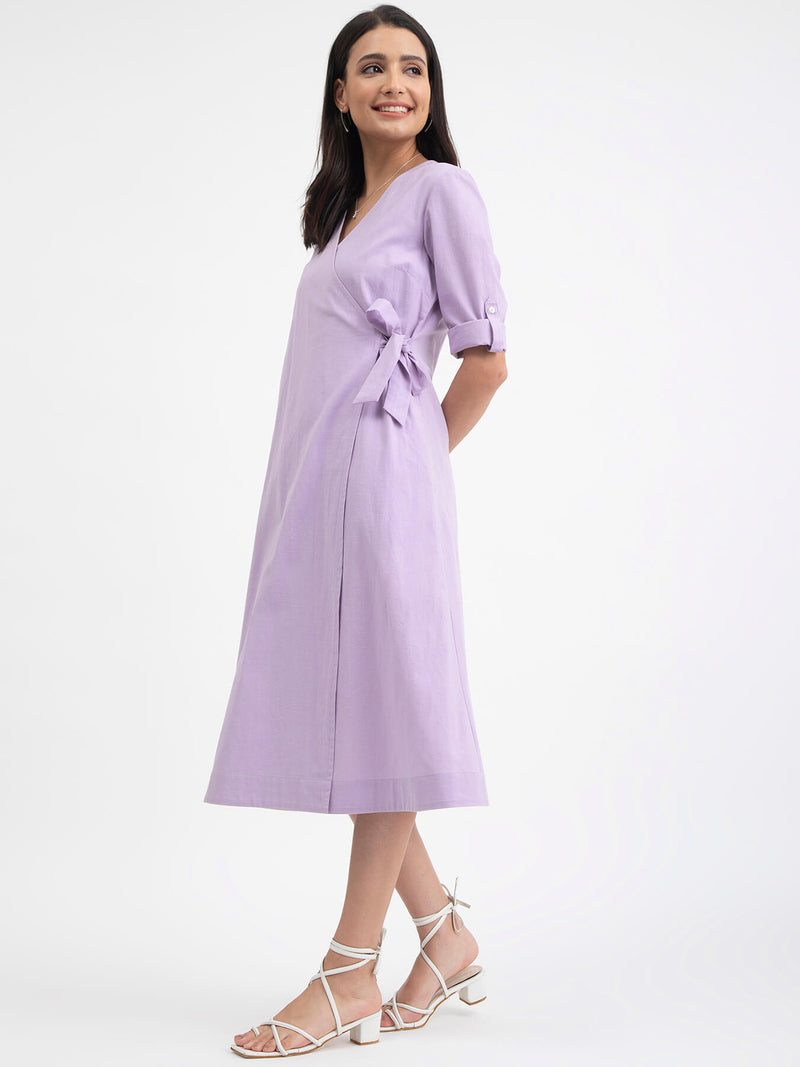 Buy Lilac Linen Blend Wrap Around Dress Online | Pink Fort