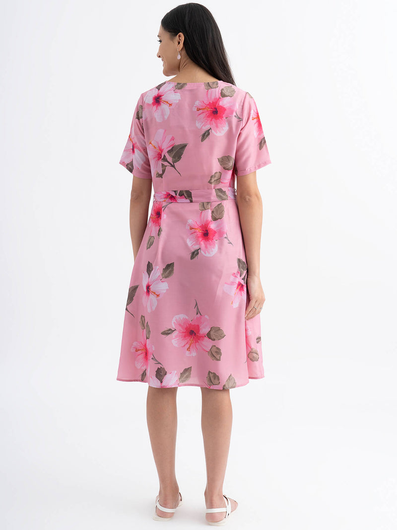 Floral A-line Muslin Dress - Pink