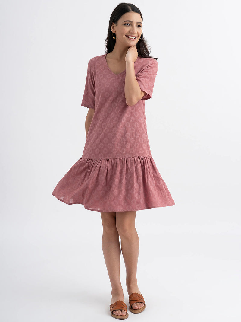 Cotton Jacquard Single Tiered Dress With Slip - Pink