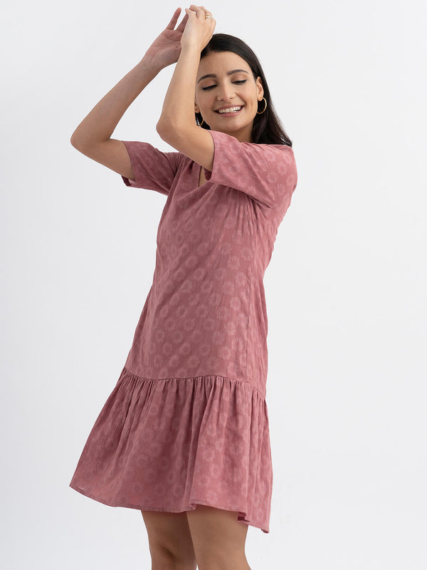 Cotton Jacquard Single Tiered Dress With Slip - Pink