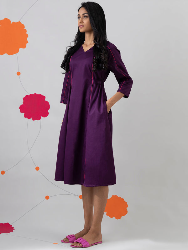 Buy Purple Contrast Piping Detail Cotton Dress Online | Pink Fort