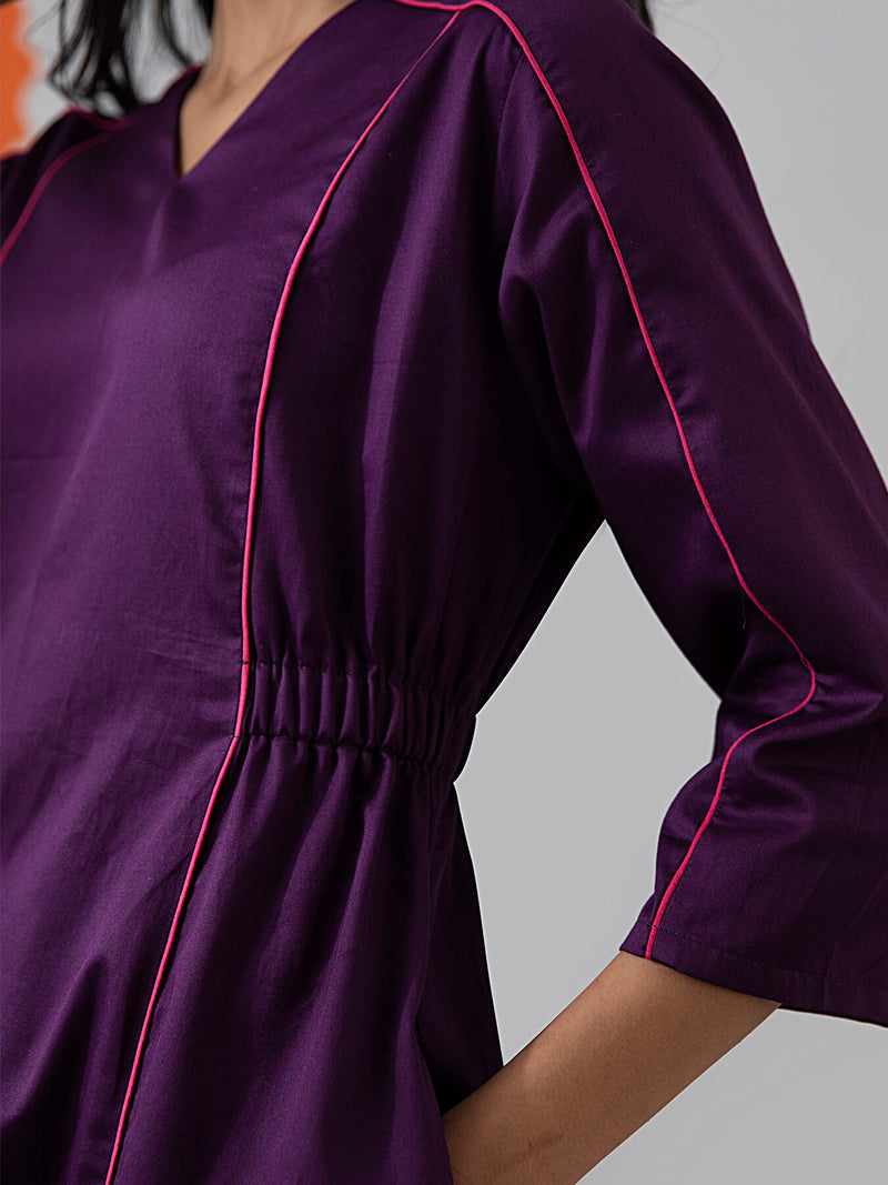 Buy Purple Contrast Piping Detail Cotton Dress Online | Pink Fort