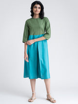 Buy Green And Teal Colour Block Pleated Dress Online | Pink Fort