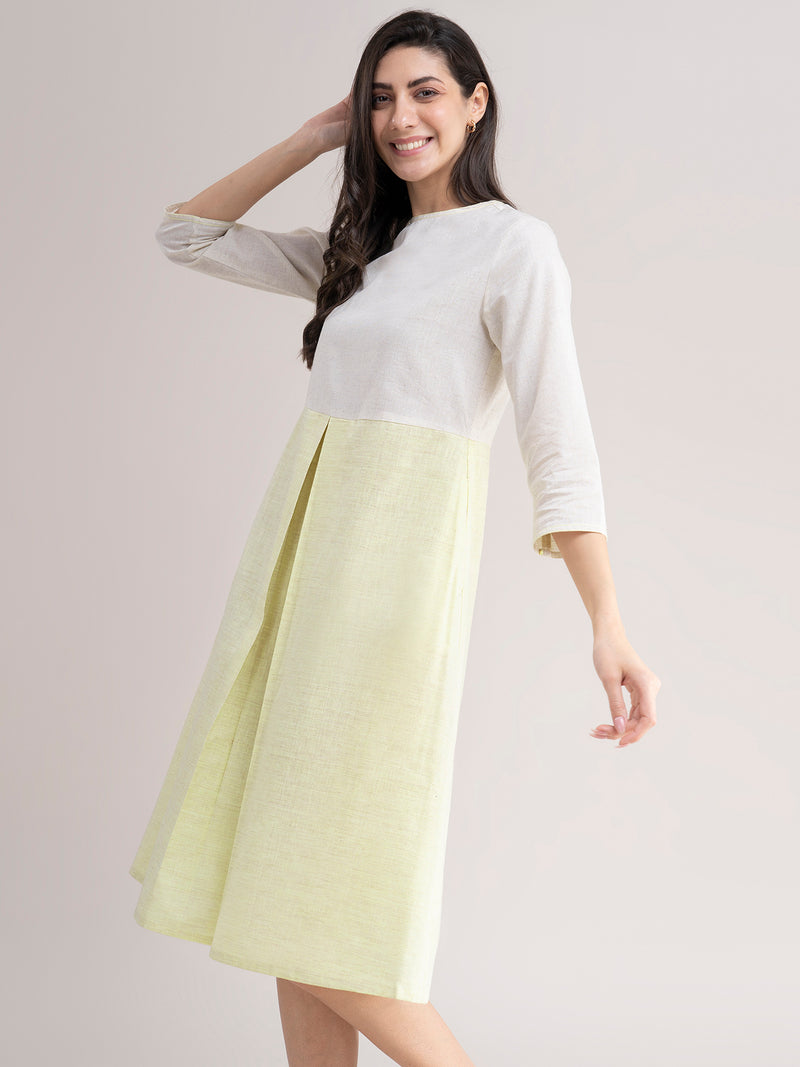 Buy Colour Block Box Pleated Dress - Cream And Yellow Online | Pink Fort