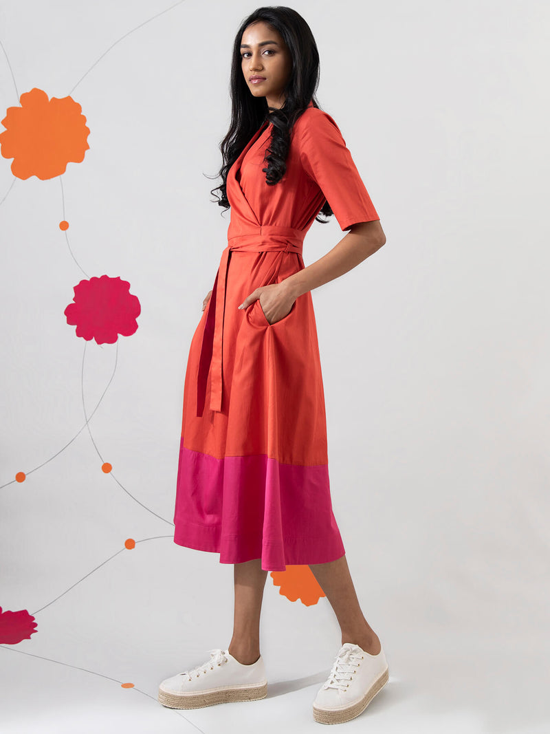 Buy Orange And Fuschia Color Block Shawl Collar Dress Online | Pink Fort