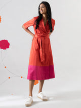 Buy Orange And Fuschia Color Block Shawl Collar Dress Online | Pink Fort