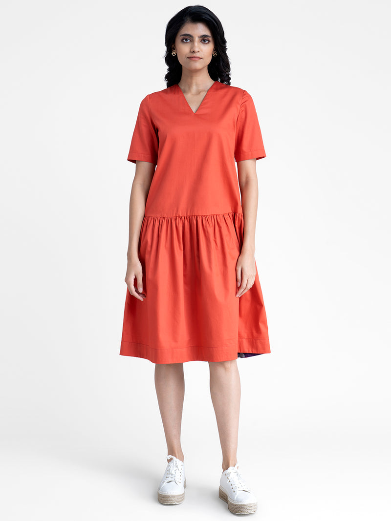 Buy Orange Drop Waist A Line Dress Online | Pink Fort