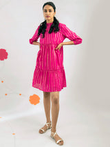 Buy Pink Gold Stripe Tiered Dress Online | Pink Fort