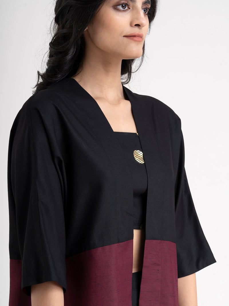 Buy Black And Maroon Color Block Stand Collar Overlay Online | pinkfort