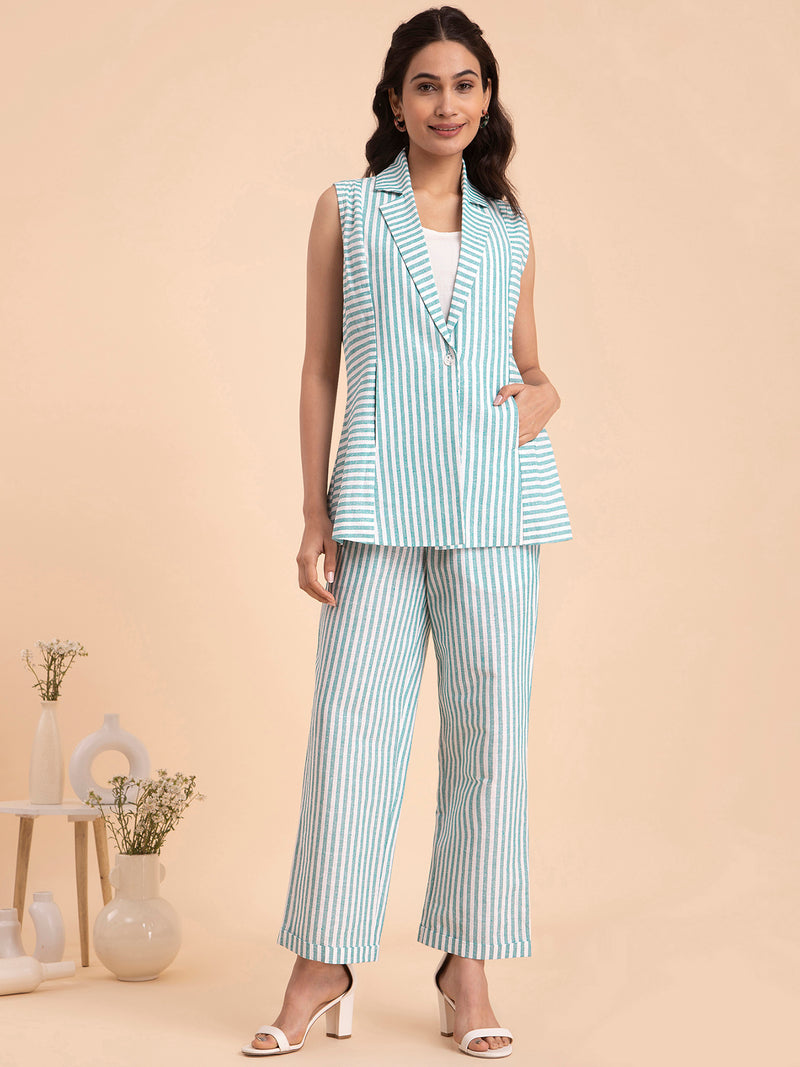 Buy Blue Sleeveless Striped Cotton Jacket Online | Pink Fort