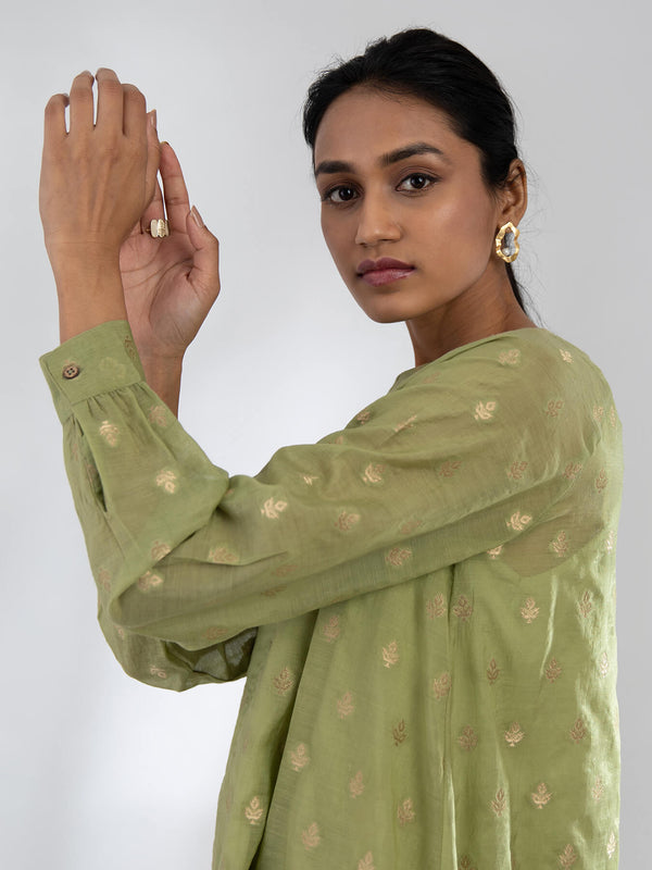 Buy Green Asymmetrical Brocade Chanderi Kurta Online | Marigold