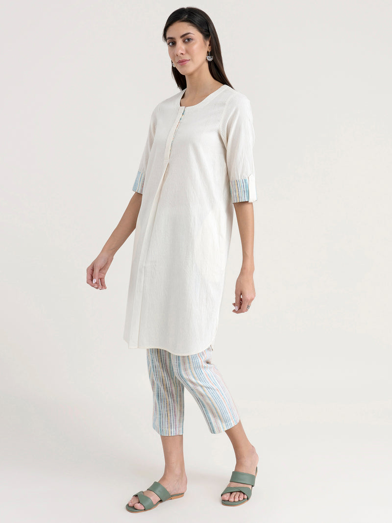 Buy Cream Self Striped Cotton Kurta Online | Marigold