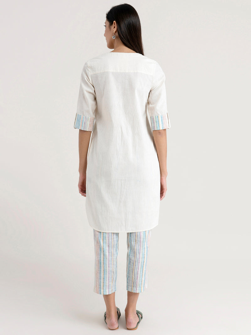 Buy Cream Self Striped Cotton Kurta Online | Marigold