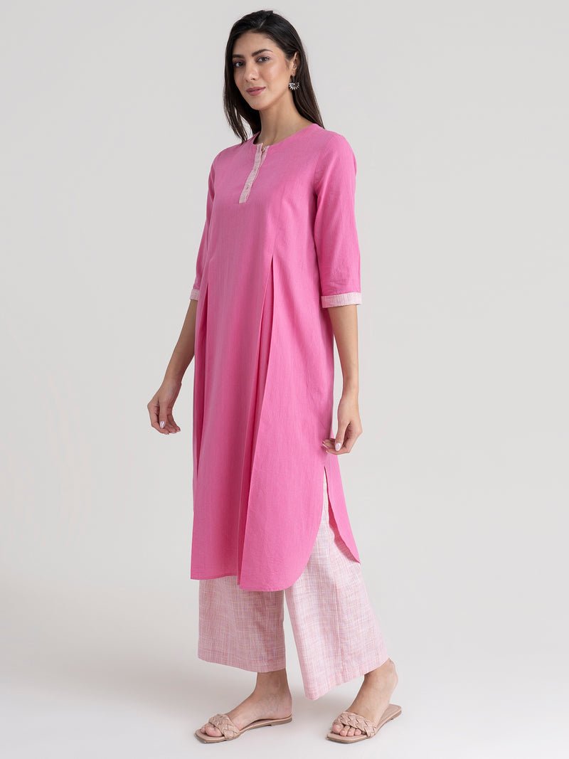 Buy Pink Inverted Box Pleated Cotton Kurta Online | Marigold
