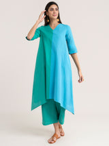 Buy Green And Blue Half & Half Asymmetrical Kurta Online | Marigold